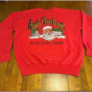 Vintage Santa Claus House Pullover Sweatshirt Large North Pole Alaska Red USA